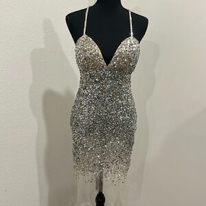 Silver nude plunging neckline dress